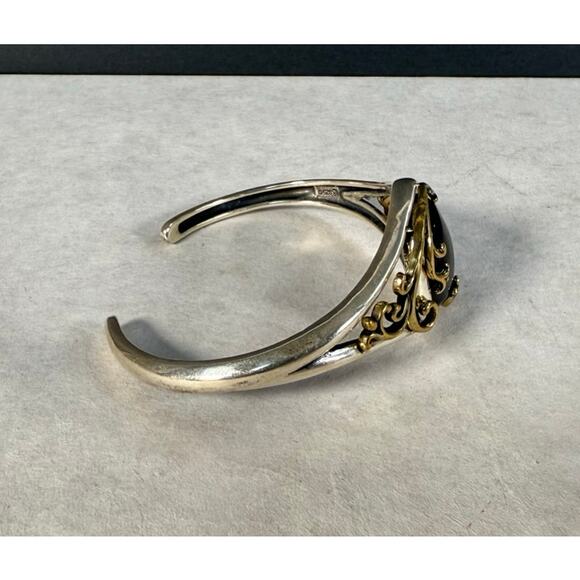 Carolyn Pollack Sterling Silver & Brass Gold Sheen Obsidian Cuff Bracelet - Picture 4 of 6